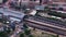 High angle view of passenger trains standing in Nyugati train station. Platforms and historic station buildings from