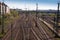 High angle view of railway tracks in Germany - multiple rail lines converging and receding into the distance