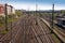 High angle view of railway tracks in Germany - multiple rail lines converging and receding into the distance