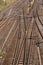 High angle view of railway tracks in Germany - multiple rail lines converging and receding into the distance