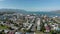 High angle view of Reykjavik city centre downtown with characteristic colored rooftops. Top panoramic view of Iceland