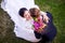 High angle view of romantic wedding couple on grassy field