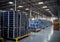 High angle view of rows of solar panels on pallets in distribution warehouse, generative ai