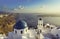 High angle view of Santorini blue dome churches