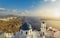 High angle view of Santorini blue dome churches