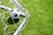 High angle view of soccer ball by goal post