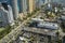 High angle view of Sunny Isles Beach city with heavy urban traffic and expensive highrise hotels and condo buildings on