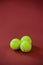 High angle view of three tennis balls