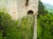 high angle view to a castle ruin in the woods
