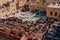 High-angle view of the traditional tannery vats on a sunny day in Fes