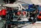 High angle view of vintage racing formula car engine with  Cosworth sign