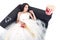 high angle view of young bride in wedding dress sleeping on couch with junk food