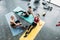 high angle view of young multicultural sportswomen resting on mats after training