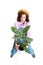 High angle view of young scared girl, female gardener in work uniform and gumboots isolated on white background. Concept