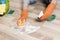 high angle woman cleaning floors. High quality photo