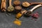 High angle wooden spoons with spices. High quality and resolution beautiful photo concept