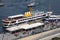 High angle zoomed view of Istanbul City Lines Ferry disembarking passengers at Kadikoy pier on the Golden Horn in Eminonu,