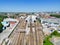 high aspect aerial view of the rear of the train station at Preston