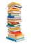 High book stacks or pile. Library textbooks and school literature heaps, dictionaries. Bookstore advertise. Cartoon