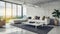 High ceiling loft living room 3d render.There are white brick wall,polished concrete floor and black steel structure,There are