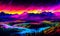 A high colour image of a landscape with mountains and hills plus trees and rivers bright colours with flashing lights
