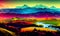 A high colour image of a landscape with mountains and hills plus trees and rivers bright colours with flashing lights