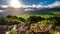 High contrast backlit of farm fields in the Terceira island, Azores