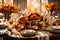 A high-definition capture of an elegantly decorated Thanksgiving dining table, featuring fine china, crystal glassware, and a