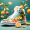 High Definition Picture of Organic Sneaker Amidst Oranges and Lemons on Solid Background