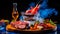 High definition picture, teppanyaki fine dining restaurant box, kobe beef, lobster. Generative AI