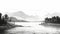 High Detail Black And White Canoe Lake Scene Illustration