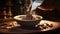 A high-detailed 8K image of a traditional Mexican chocolate tablet being grated into a bowl of steaming milk, creating a velvety,