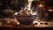 A high-detailed 8K image of a traditional Mexican chocolate tablet being grated into a bowl of steaming milk, creating a velvety,