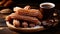 A high-detailed 8K picture of Mexican chocolate churros, fresh out of the fryer, coated in a generous layer of cinnamon sugar, and