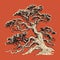 High Detailed Bonsai Tree Art Print On Orange Background