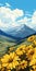 High Detailed Landscape With Yellow Flowers, Mountains, Trees, And Clouds