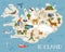 High detailed vector map of Iceland with animals and landscapes.