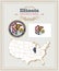 High detailed vector set with flag, coat of arms, map of Illinois. American poster. Greeting card