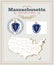 High detailed vector set with flag, coat of arms, map of Massachusetts. American poster. Greeting card