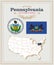 High detailed vector set with flag, coat of arms, map of Pennsylvania. American poster. Greeting card