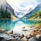 High Detailed Watercolor Landscape Painting Of Lake Louise In Canadian Province