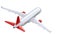 High detailed white airliner with a red tail wing, 3d render on a white background. Airplane back view, isolated 3d