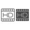 High dimension film line and solid icon. Video with HD quality extension symbol, outline style pictogram on white