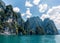 High epic limestone cliffs at Cheow Lan lake, Khao Sok National Park, Suratthani, Thailand.