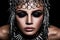 High fashion beauty model with metallic headwear and dark makeup and blue eyes on black background