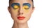 High fashion look, closeup beauty portrait,bright makeup with perfect clean skin with colorful red lips and blue yellow