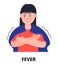 High fever of girl icon vector. Flu, cold, coronavirus symptom is shown. Woman is feverish and taking thermometer