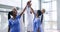 High five, nurses or doctors with medical success in celebration of results in hospital with teamwork. Bonus, surgeon or