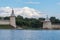 `High` and `Flat` towers of Pskov Kremlin. Pskov river creek. Pskov, Russia