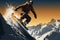 High flying snowboarder defies gravity against a stunning mountainous panorama